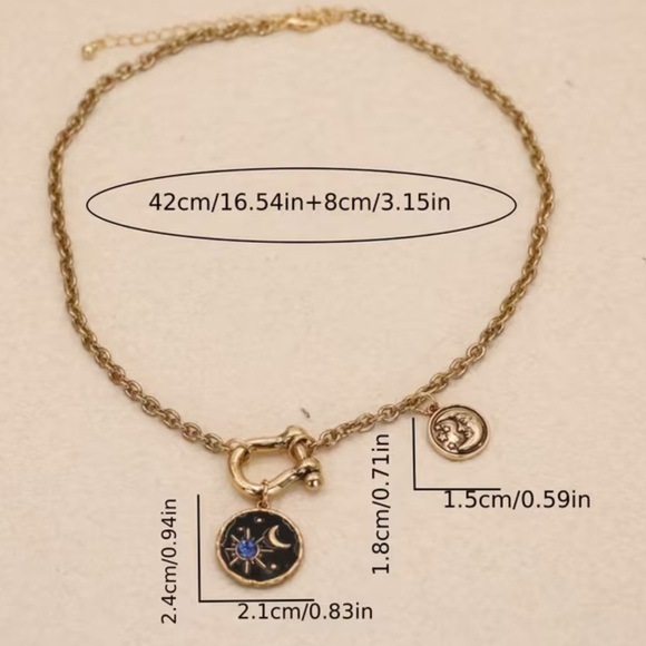 Gold and Blue Rhinestone Star Crescent Toggle Moon Pendant Necklace Bracelet Set - Picture 2 of 10